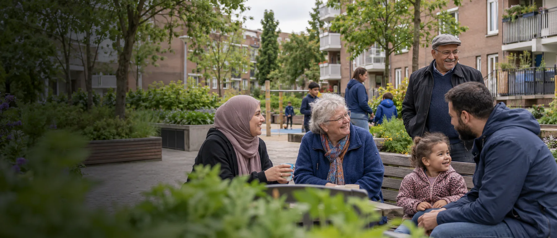 Bewoners ontmoeten elkaar op een plein in de wijk