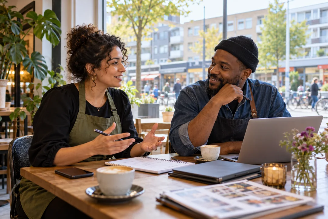 Twee lokale ondernemers wisselen ideeën uit in een café